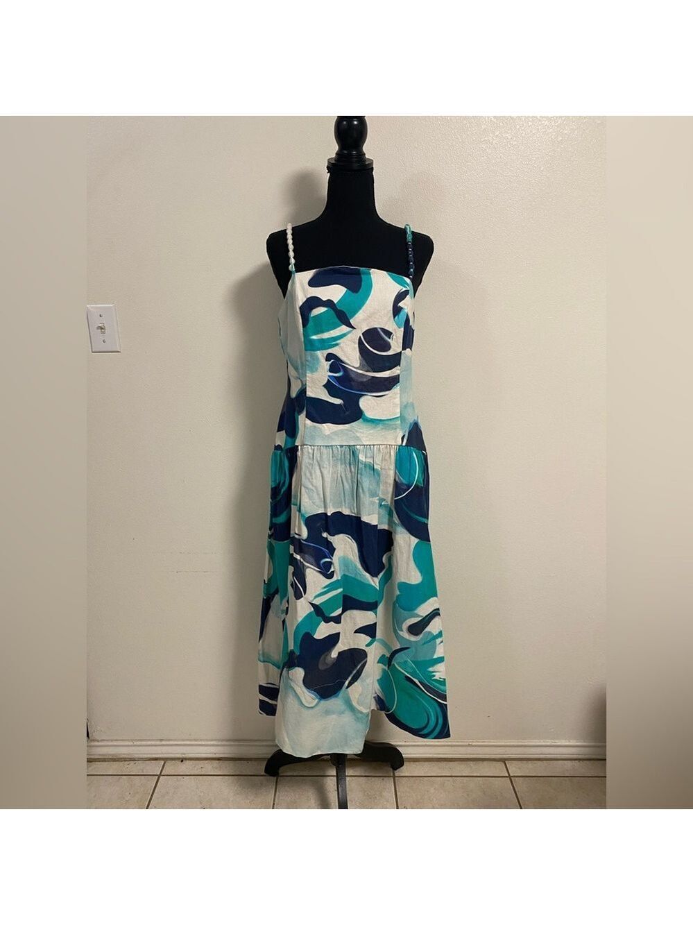 Christian Lacroix Dress Women’s Size Medium Blue Teal White Abstract Midi NWOT